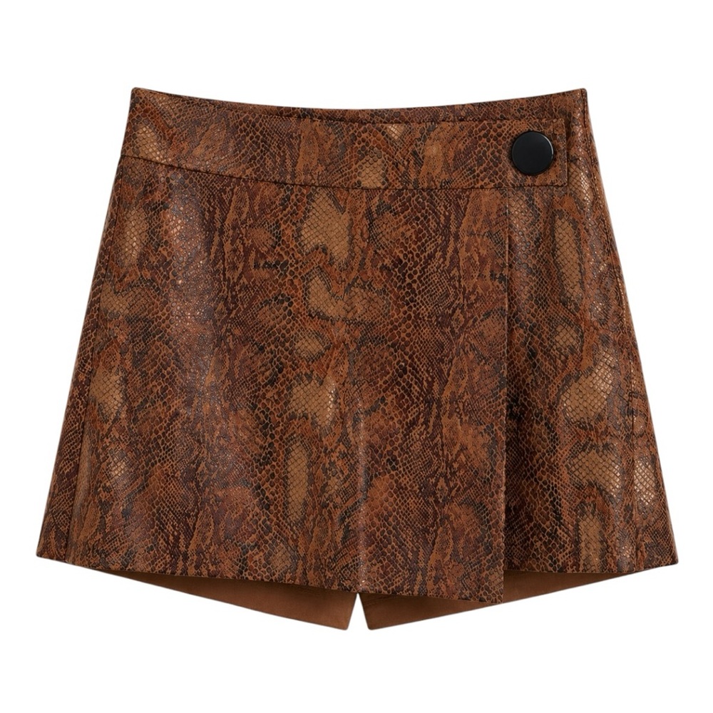 Zara Brown Snake-Print Skort with Black Button